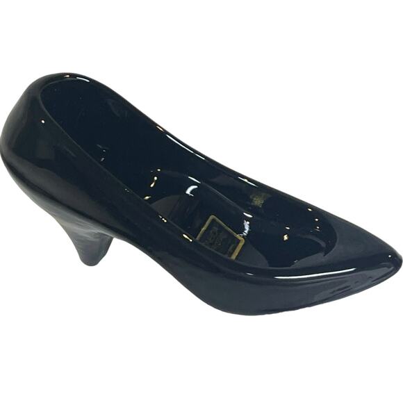 NEW Oneida Black Blown ART GLASS SLIPPER SHOE Ring Box Wedding Cake Topper Decor - Picture 4 of 13